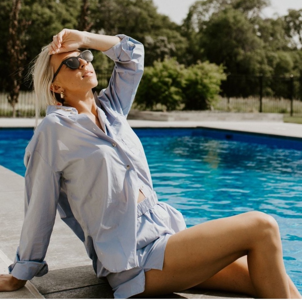 Blue poplin shorts and button down matching set